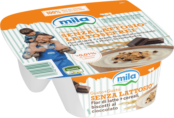 Yogurt "Gusto+Gusto" senza lattosio con cereali e biscotti al cioccolato - 150g - Mila - Bergmilch Südtirol