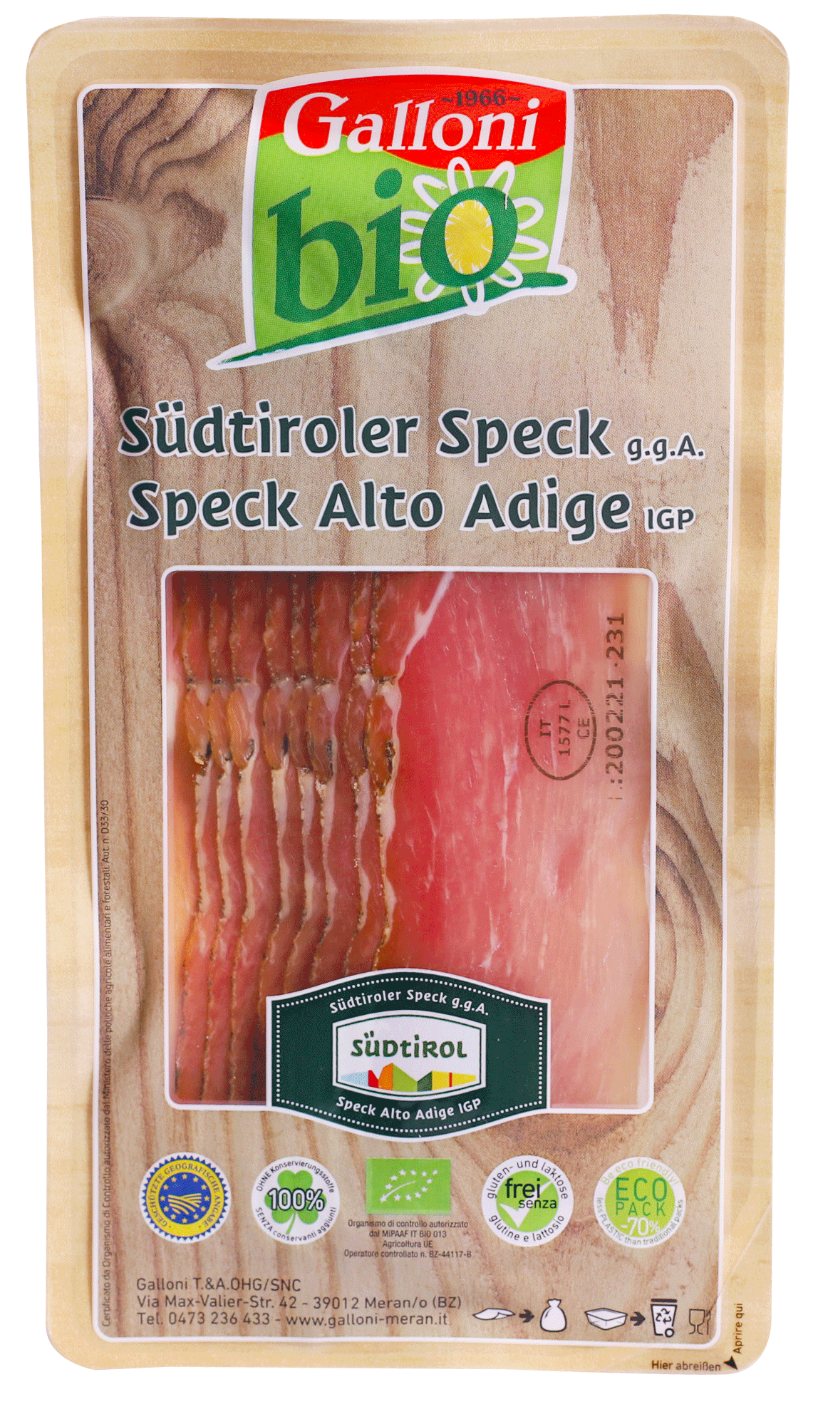 Südtiroler Speck g.g.A. geschnitten Bio Galloni Metzgerei 70g kaufen I Pur  Südtirol®