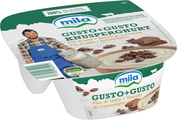 Yogurt "Gusto+Gusto" Fior di latte e Fiocchi al Cioccolato - 150g - Mila - Bergmilch Südtirol