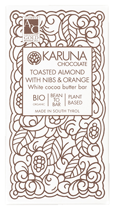 Cioccolato bianco con mandorla, arancia candita e nibs di cacao Bio - 50g - Karuna