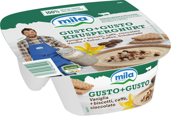 Yogurt "Gusto+Gusto" Vaniglia con Biscotti, Caffè e Cioccolato - 150g - Mila - Bergmilch Südtirol